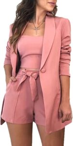 3 Piece Blazer Sets for Women Open Front Button Blazer + Crop Tops + Shorts Bottoms with Belt Business Suit Sets