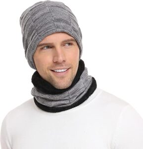 Mens Winter Beanie Hats Scarf Set Warm Knit Hats Skull Cap Neck Warmer with Thick Fleece Lined Winter Hat & Scarf for Women